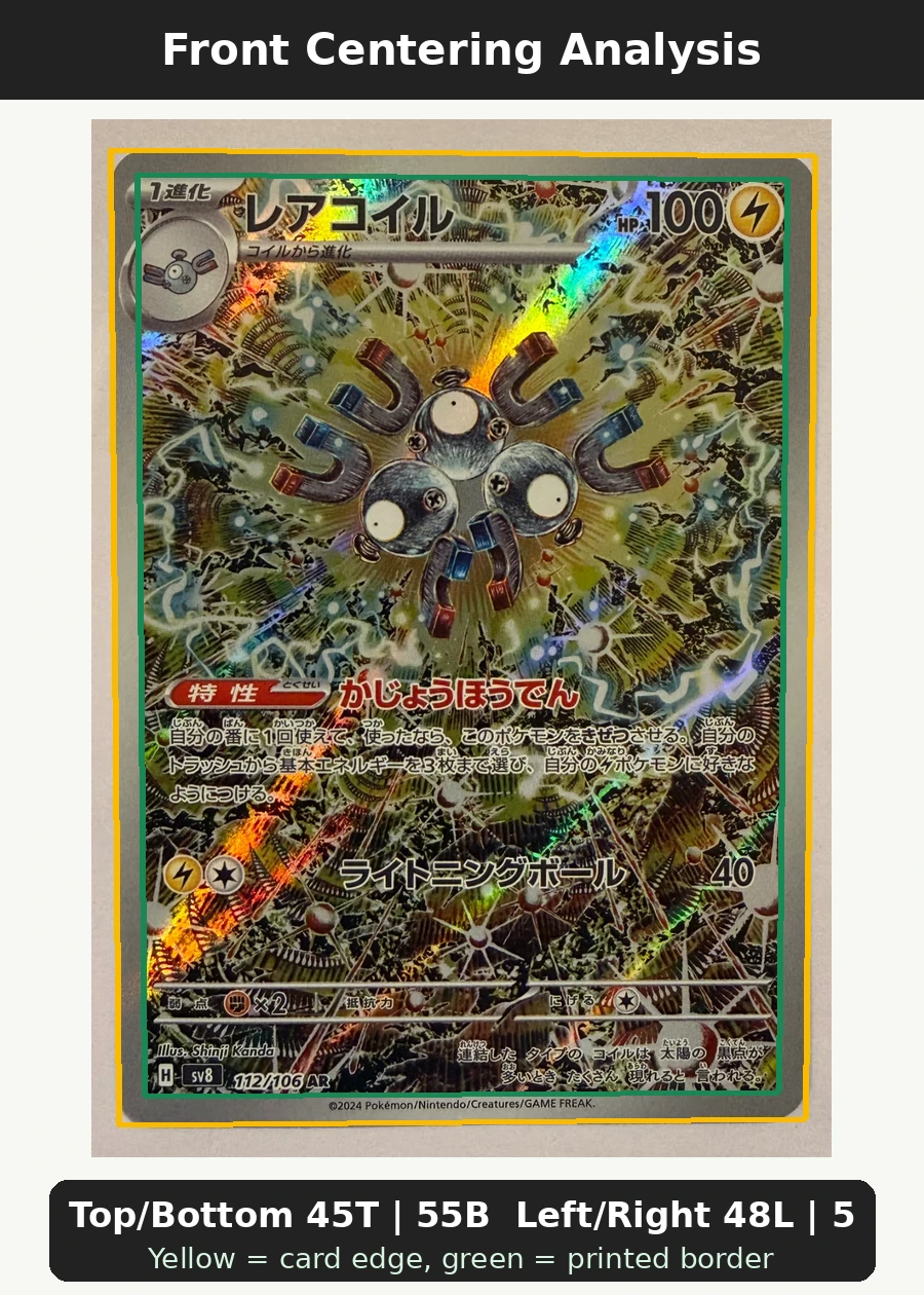 Magneton 112/106 Super Electric Breaker front centering analysis showing Top/Bottom 45T | 55B and Left/Right 48L | 52R.