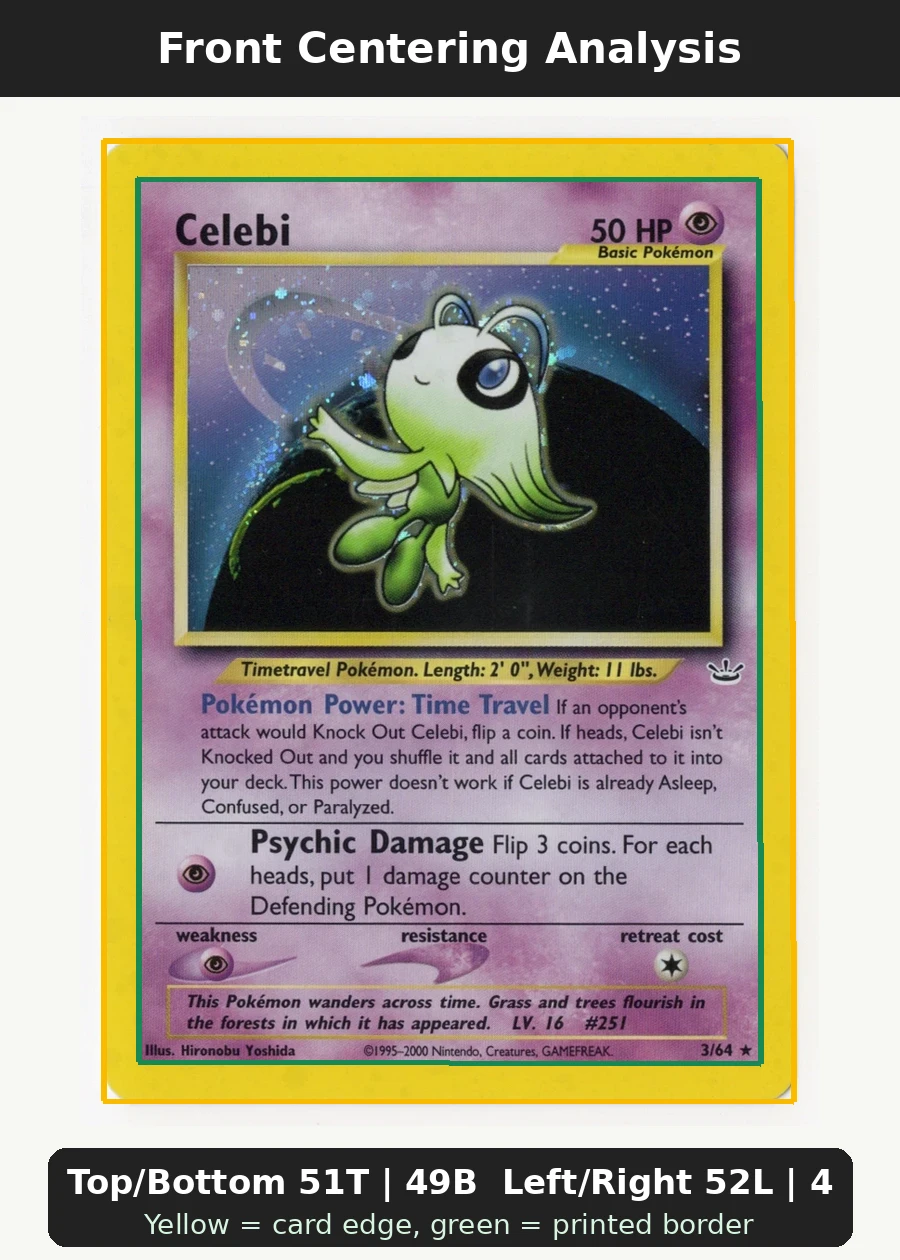 Celebi 003/64 Neo Revelation front centering analysis showing Top/Bottom 51T | 49B and Left/Right 52L | 48R.