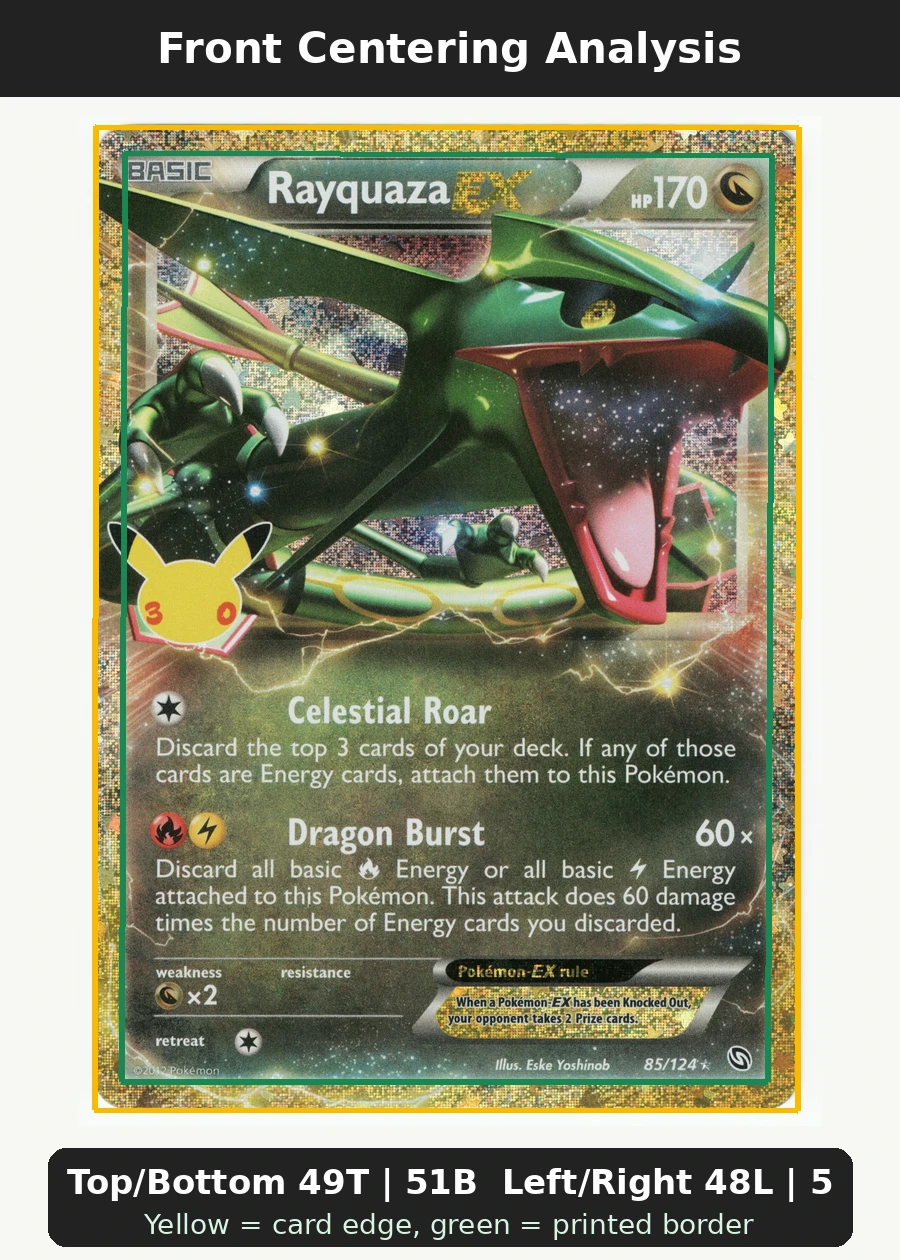 Rayquaza EX 085 30th Classic Collection front centering analysis showing Top/Bottom 49T | 51B and Left/Right 48L | 52R.