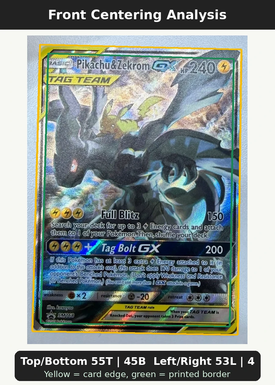 Pikachu & Zekrom GX SM168/248 SM Black Star Promos front centering analysis showing Top/Bottom 55T | 45B and Left/Right 53L | 47R.