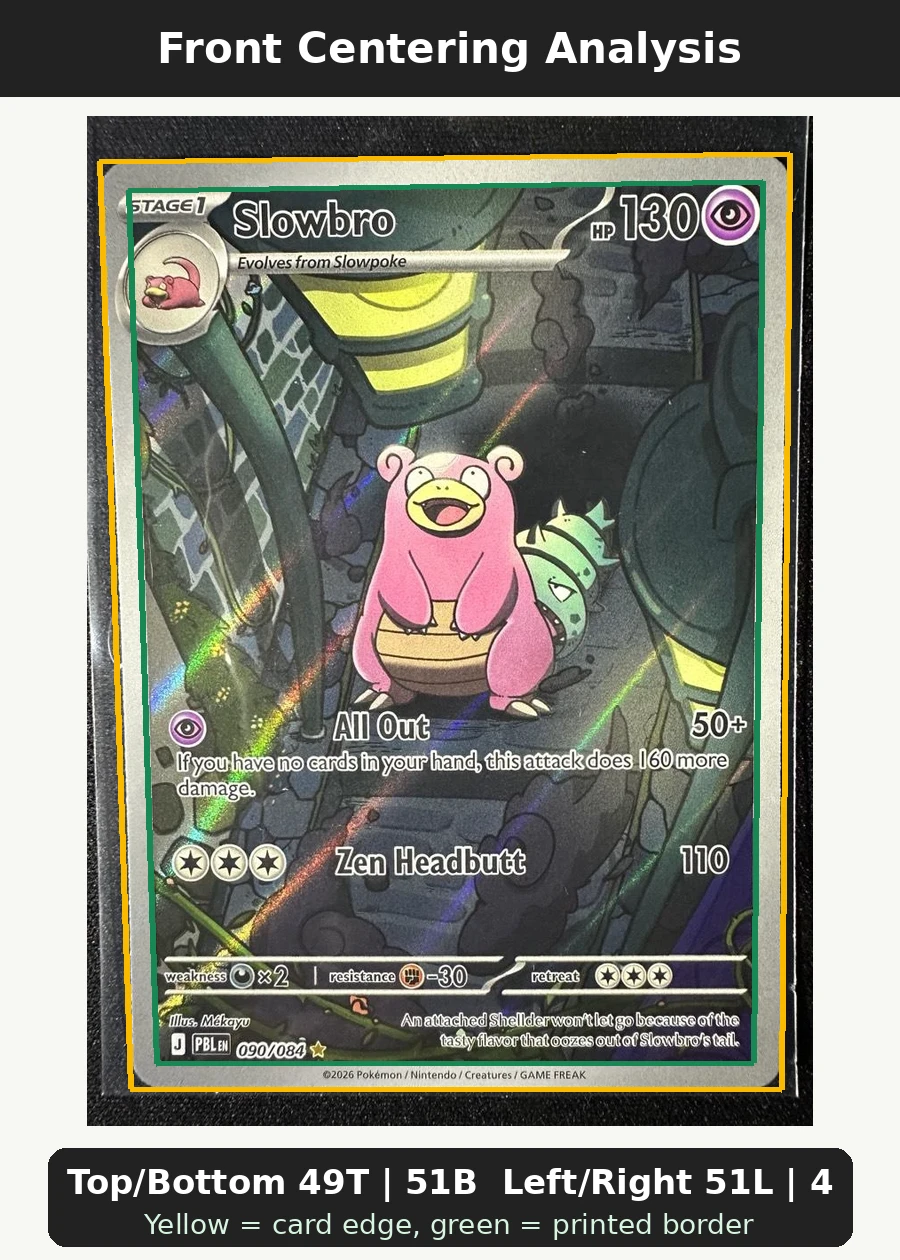Slowbro 090/84 Pitch Black front centering analysis showing Top/Bottom 49T | 51B and Left/Right 51L | 49R.