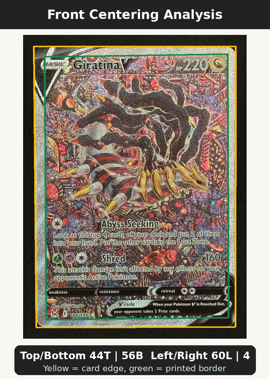 Giratina V 186/196 Lost Origin front centering analysis showing Top/Bottom 44T | 56B and Left/Right 60L | 40R.