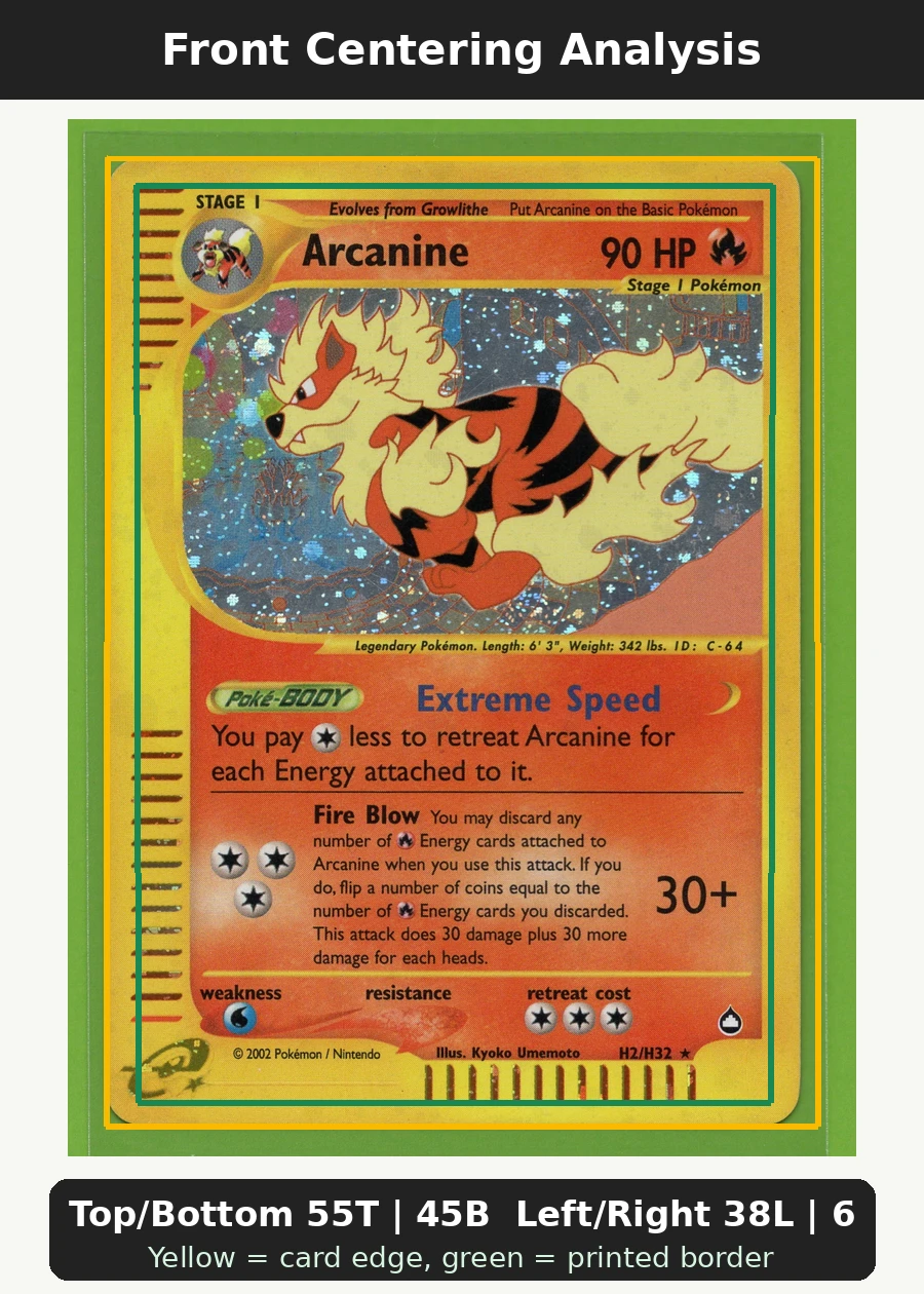 Arcanine H02/147 Aquapolis front centering analysis showing Top/Bottom 55T | 45B and Left/Right 38L | 62R.