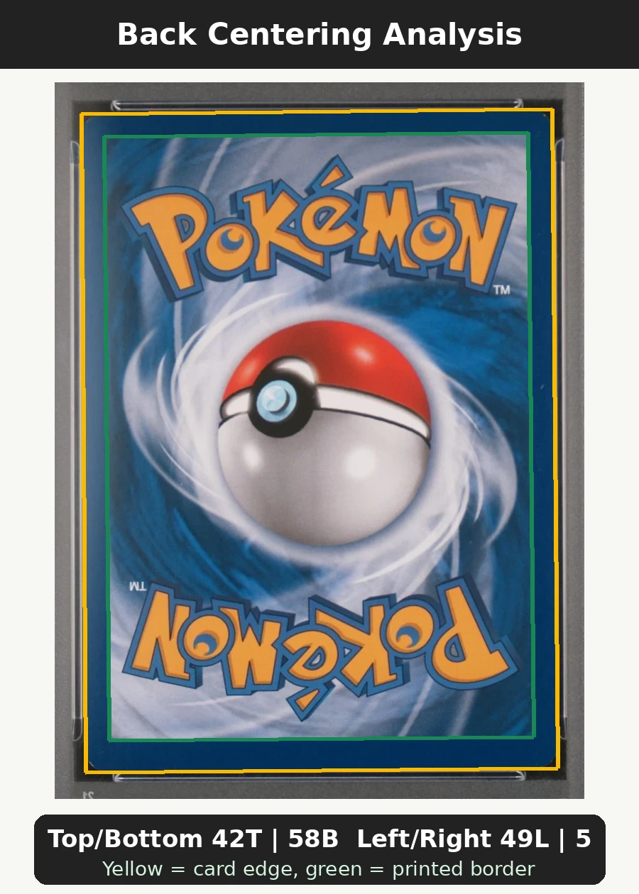 Rayquaza C DP47/56 DP Black Star Promos back centering analysis showing Top/Bottom 42T | 58B and Left/Right 49L | 51R.