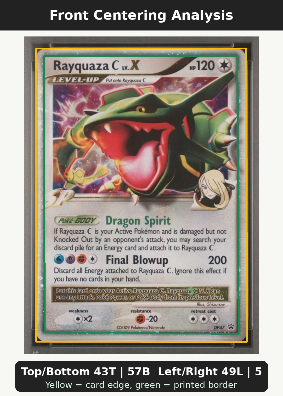 Rayquaza C DP47/56 DP Black Star Promos front centering analysis showing Top/Bottom 43T | 57B and Left/Right 49L | 51R.
