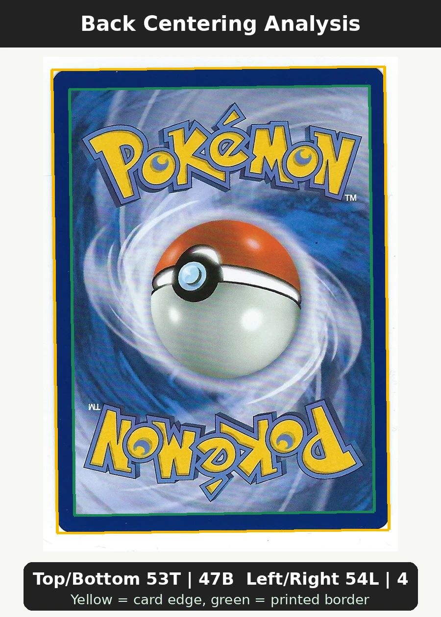 Meowth 106/94 Phantasmal Flames back centering analysis showing Top/Bottom 53T | 47B and Left/Right 54L | 46R.