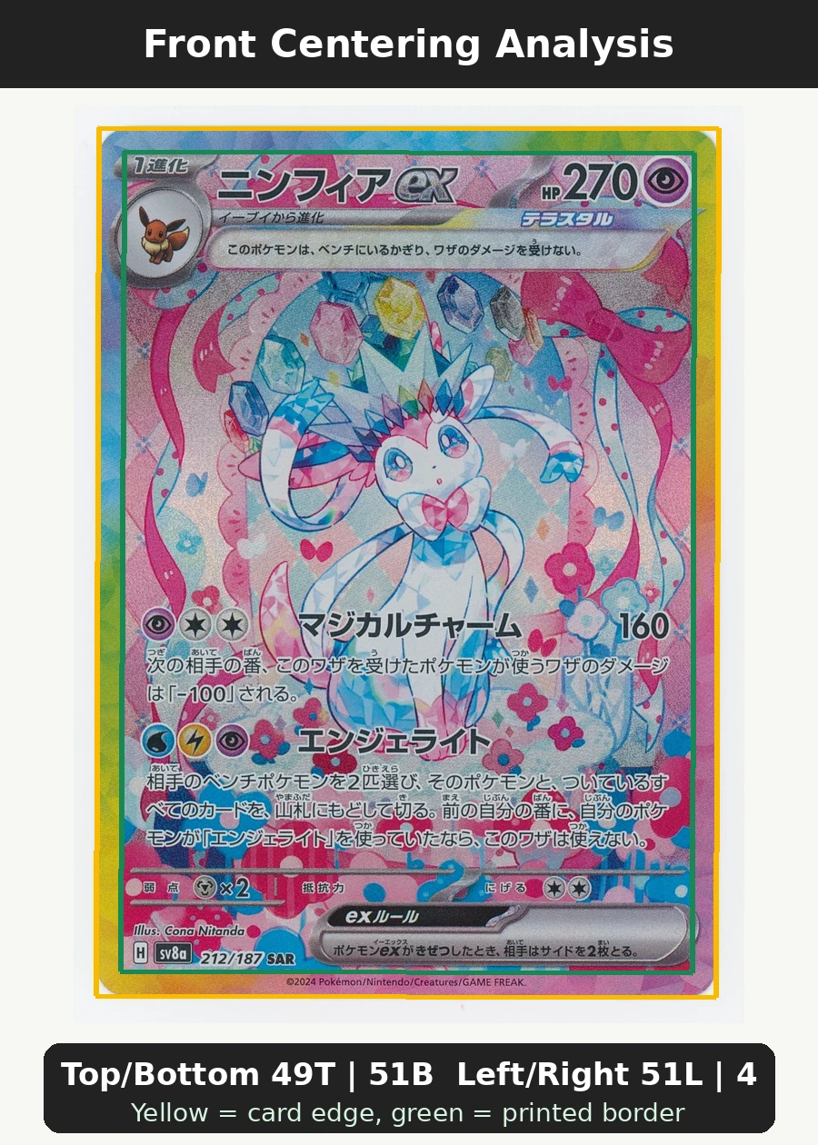 Sylveon ex 212/187 Terastal Festival ex front centering analysis showing Top/Bottom 49T | 51B and Left/Right 51L | 49R.