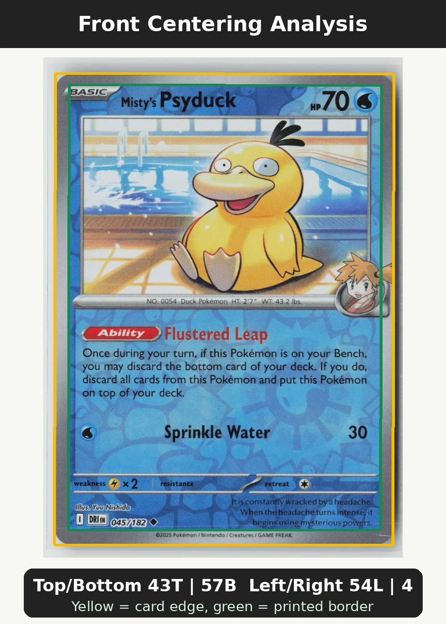 Misty's Psyduck 045/182 · Reverse Holo Destined Rivals front centering analysis showing Top/Bottom 43T | 57B and Left/Right 54L | 46R.
