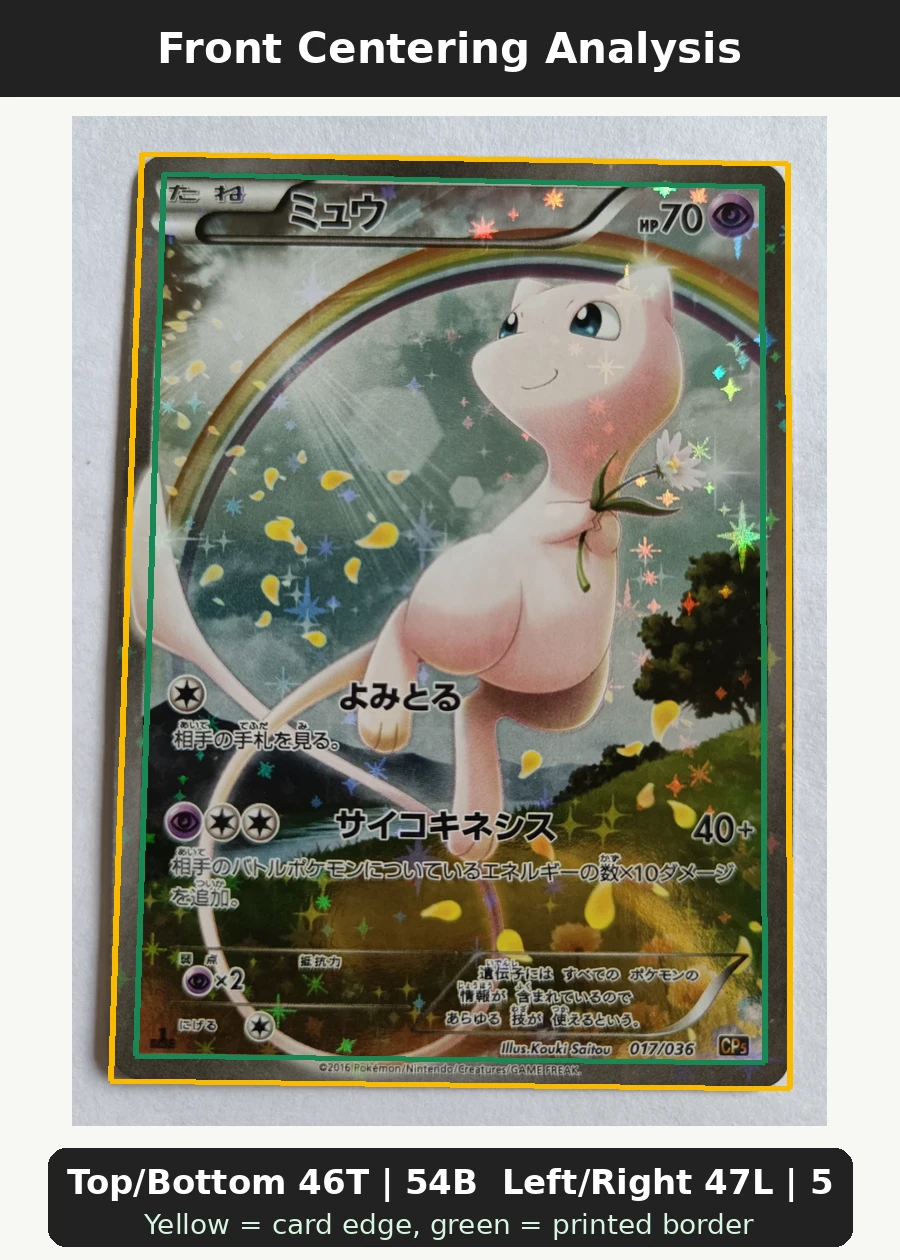 Mew 017 XY110 XY Black Star Promos front centering analysis showing Top/Bottom 46T | 54B and Left/Right 47L | 53R.