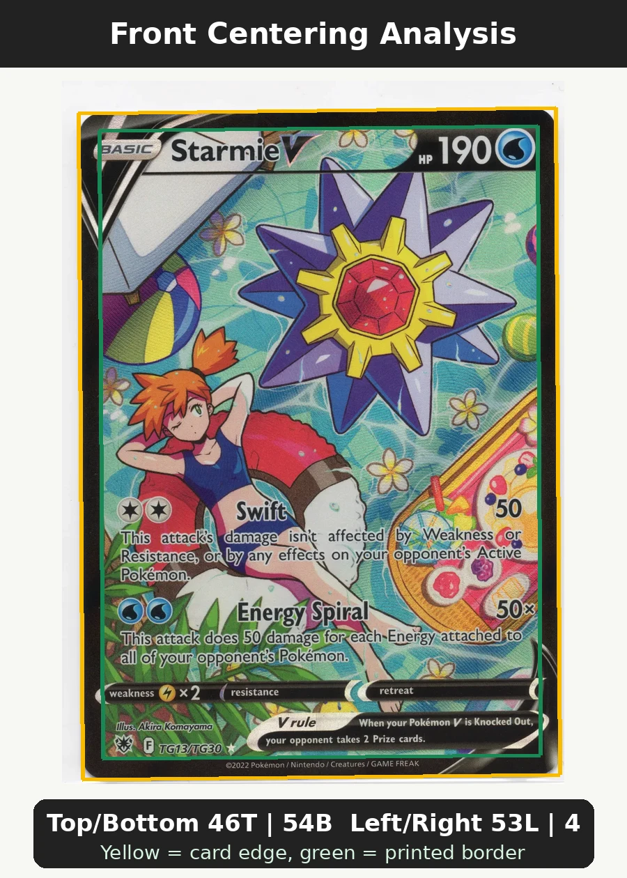 Starmie V TG13/189 Astral Radiance front centering analysis showing Top/Bottom 46T | 54B and Left/Right 53L | 47R.