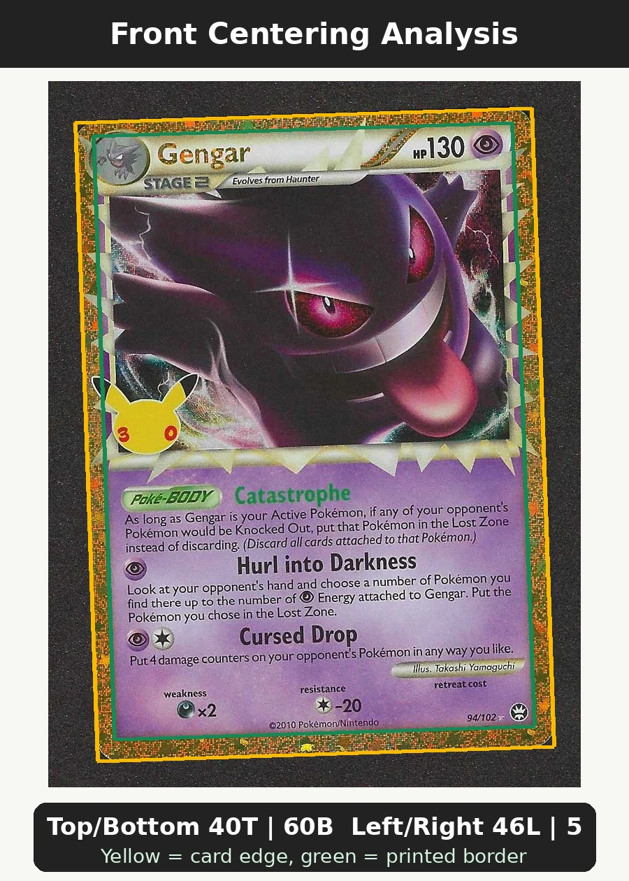Gengar 094 30th Classic Collection front centering analysis showing Top/Bottom 40T | 60B and Left/Right 46L | 54R.