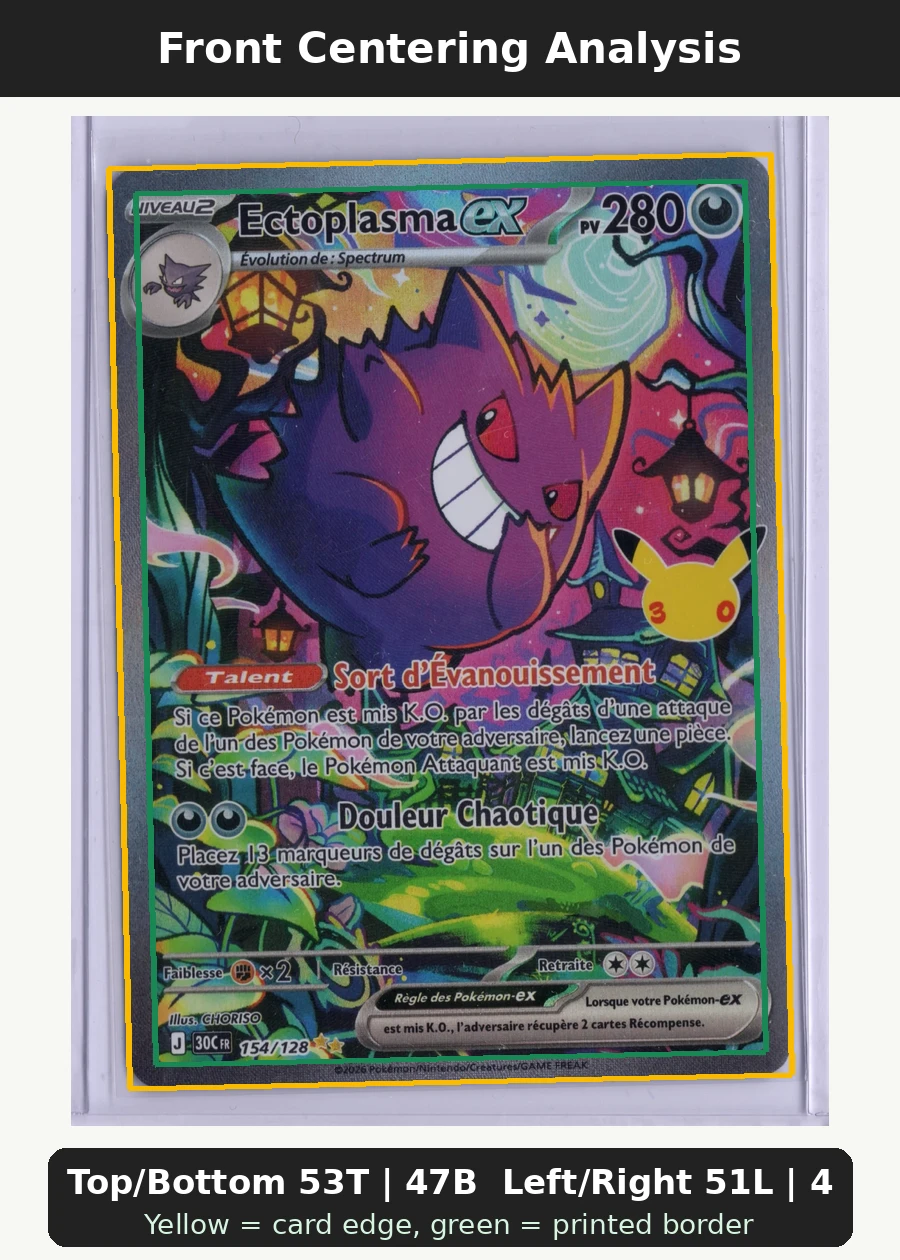 Gengar ex 154/128 30th Celebration front centering analysis showing Top/Bottom 53T | 47B and Left/Right 51L | 49R.