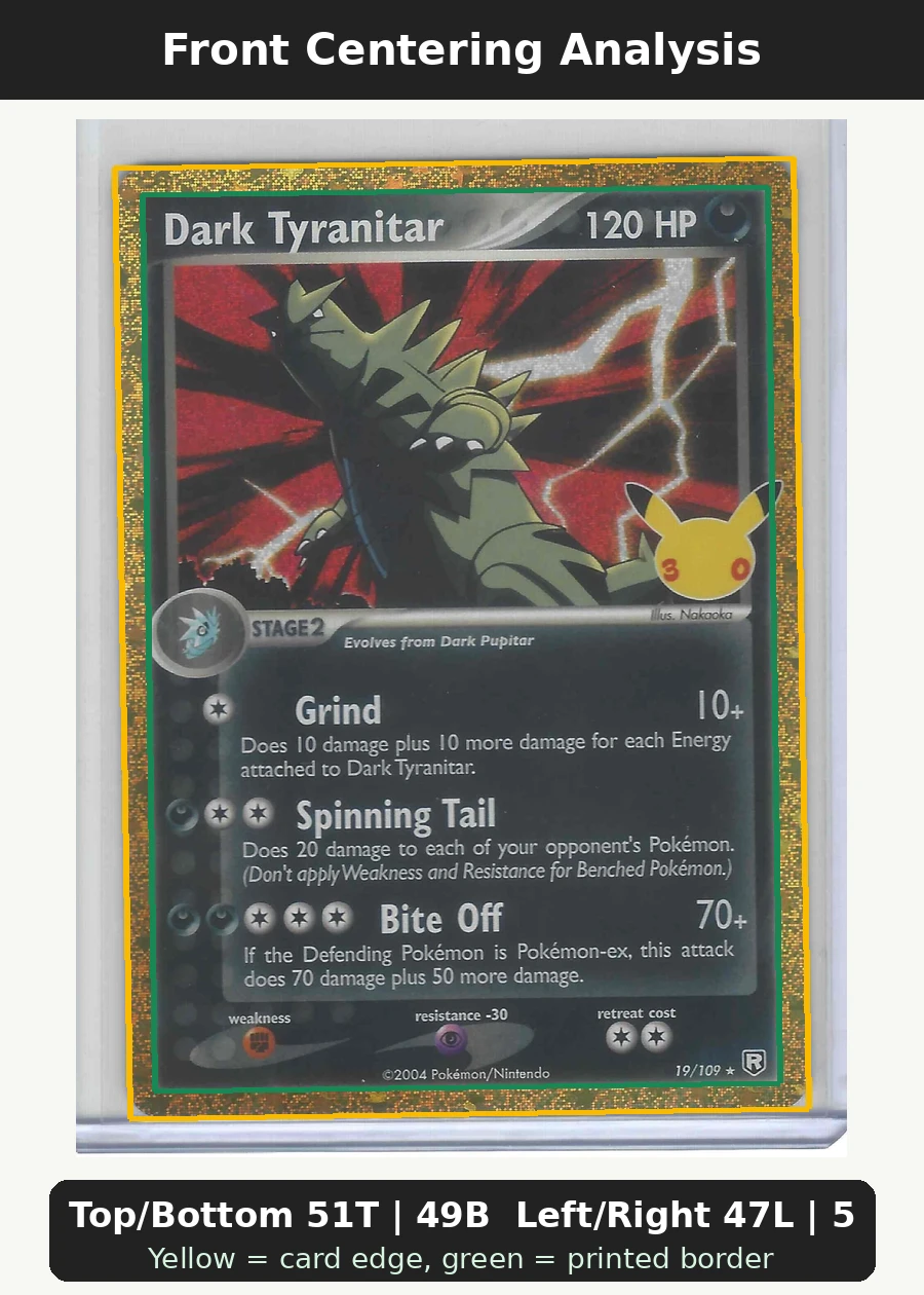 Dark Tyranitar 019 30th Classic Collection front centering analysis showing Top/Bottom 51T | 49B and Left/Right 47L | 53R.