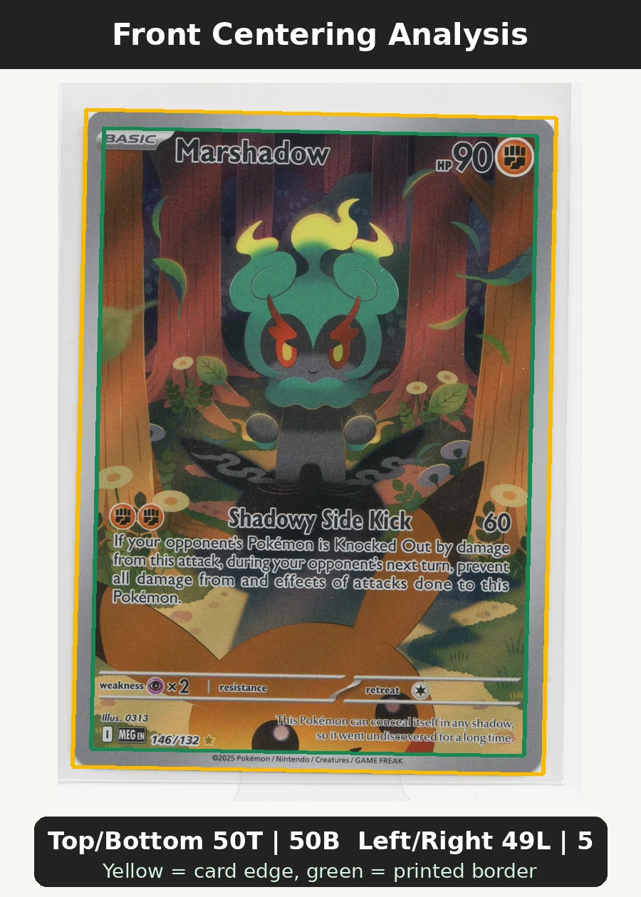 Marshadow 146/132 Mega Evolution front centering analysis showing Top/Bottom 50T | 50B and Left/Right 49L | 51R.