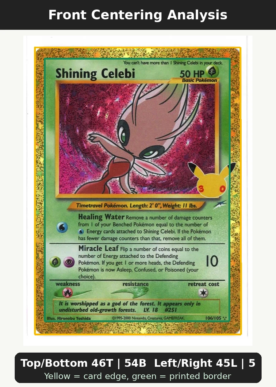 Shining Celebi 106 30th Classic Collection front centering analysis showing Top/Bottom 46T | 54B and Left/Right 45L | 55R.