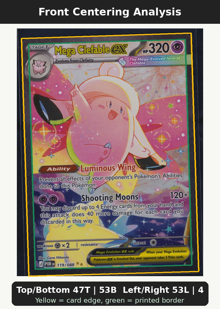 Mega Clefable ex 119/88 Perfect Order front centering analysis showing Top/Bottom 47T | 53B and Left/Right 53L | 47R.
