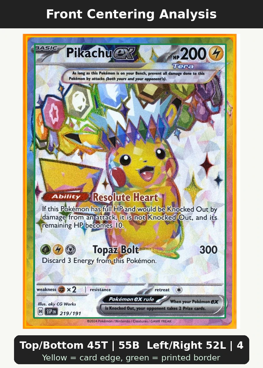 Pikachu ex 219/191 Surging Sparks front centering analysis showing Top/Bottom 45T | 55B and Left/Right 52L | 48R.