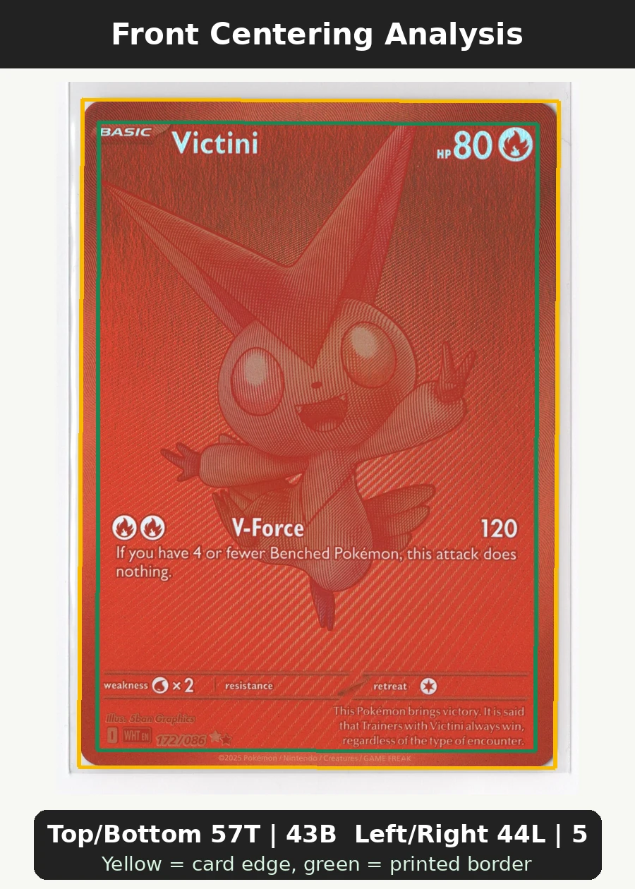 Victini 171/86 Black Bolt front centering analysis showing Top/Bottom 57T | 43B and Left/Right 44L | 56R.