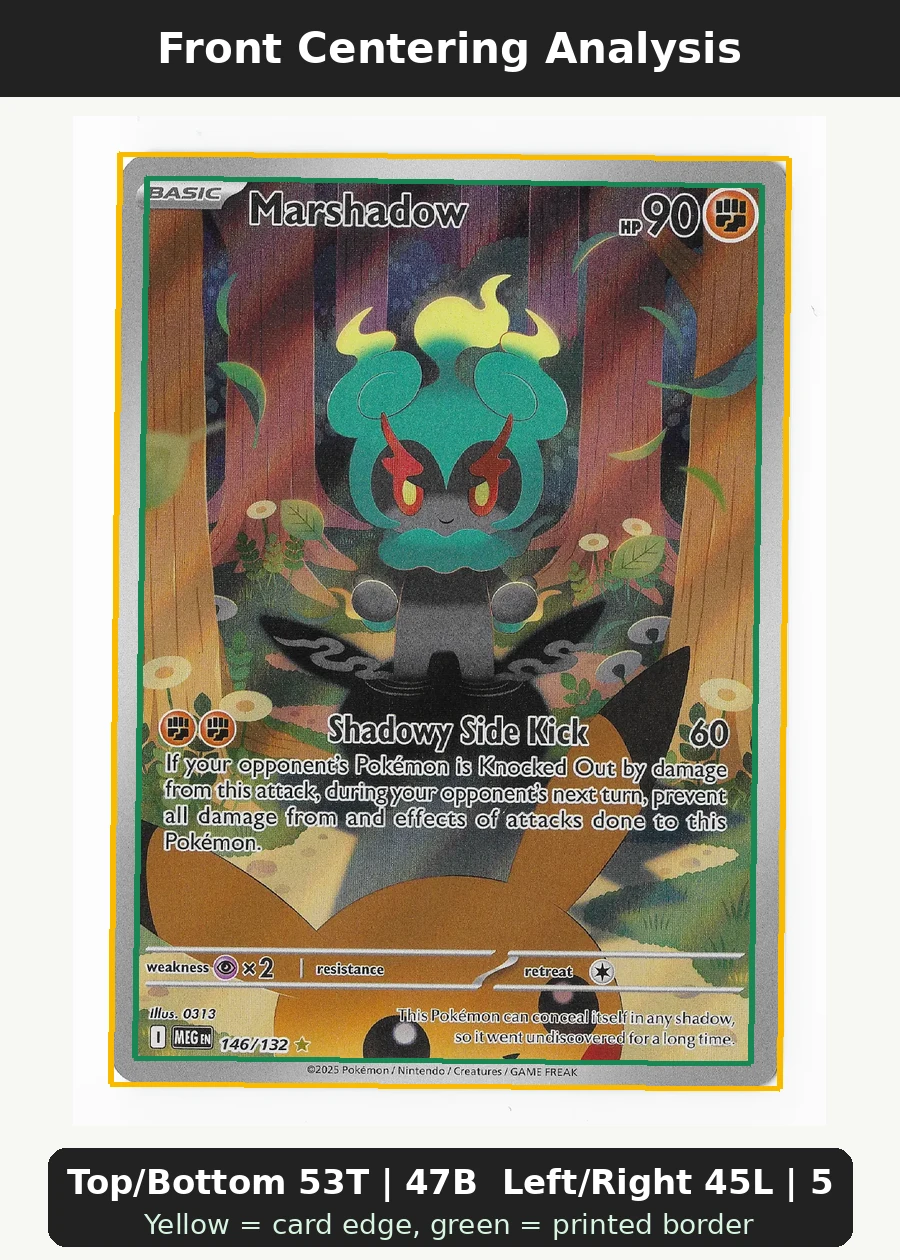 Marshadow 146/132 Mega Evolution front centering analysis showing Top/Bottom 53T | 47B and Left/Right 45L | 55R.