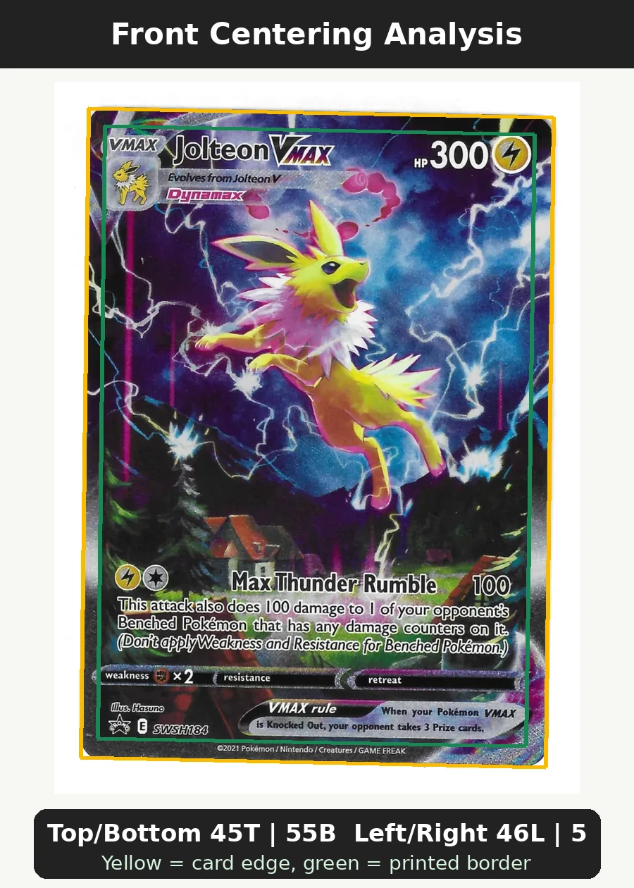 Jolteon VMAX SWSH184/307 SWSH Black Star Promos front centering analysis showing Top/Bottom 45T | 55B and Left/Right 46L | 54R.