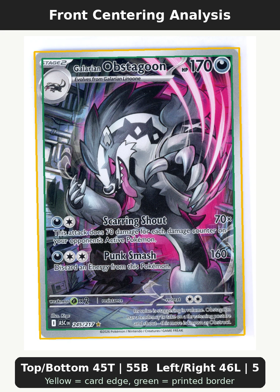 Galarian Obstagoon 245/217 Ascended Heroes front centering analysis showing Top/Bottom 45T | 55B and Left/Right 46L | 54R.