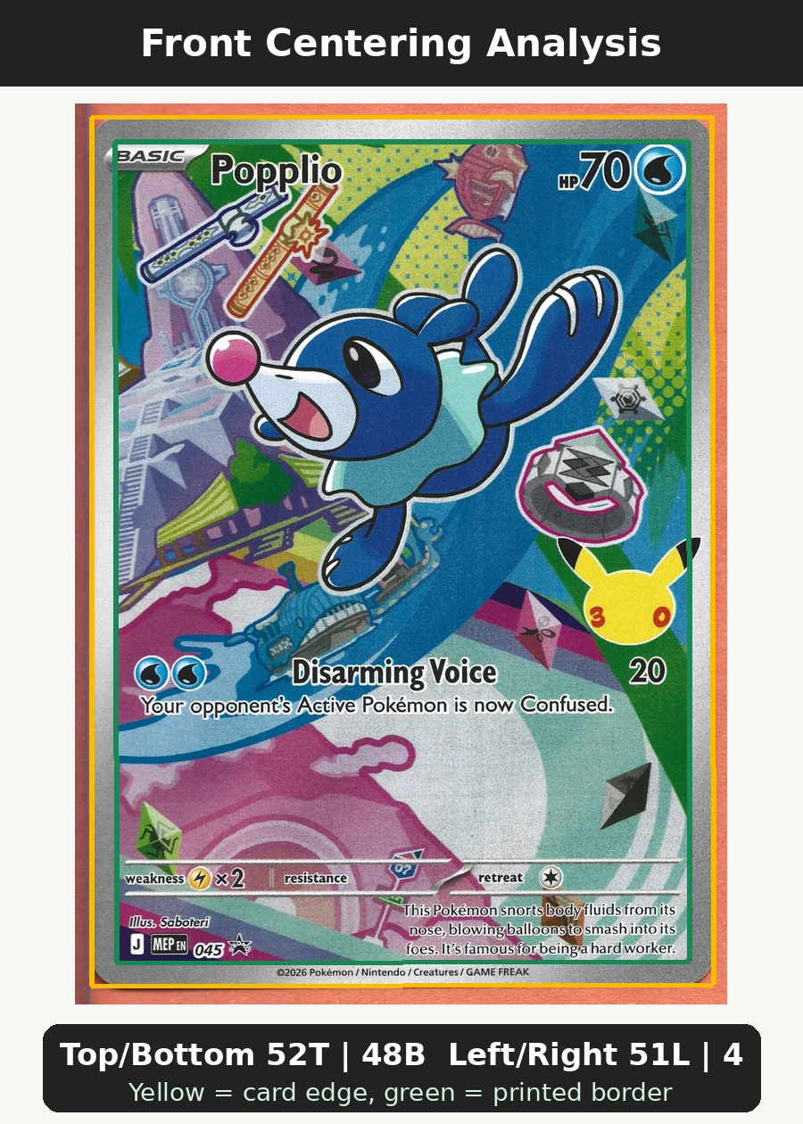 Popplio 045 MEP Black Star Promos front centering analysis showing Top/Bottom 52T | 48B and Left/Right 51L | 49R.