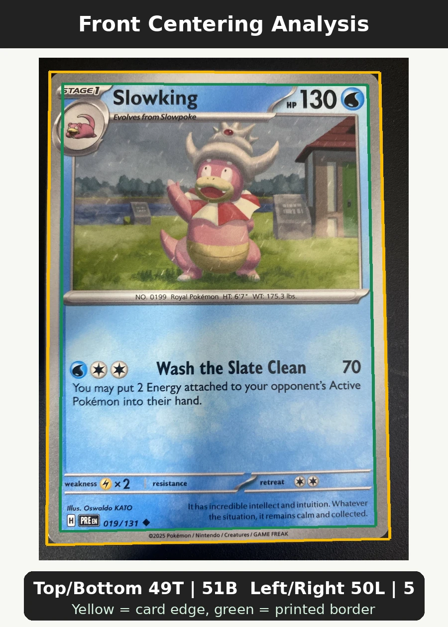 Slowking 019/131 Prismatic Evolutions front centering analysis showing Top/Bottom 49T | 51B and Left/Right 50L | 50R.