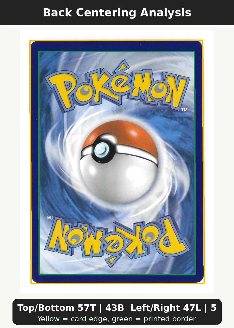 Mega Charizard X ex 109/94 [Aniq] Phantasmal Flames back centering analysis showing Top/Bottom 57T | 43B and Left/Right 47L | 53R.