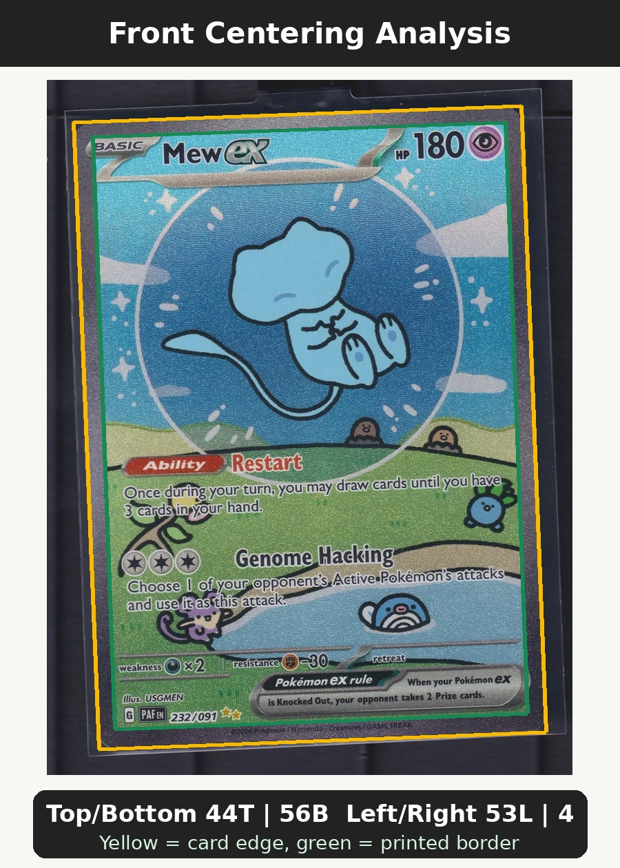 Mew ex 232/91 Paldean Fates front centering analysis showing Top/Bottom 44T | 56B and Left/Right 53L | 47R.