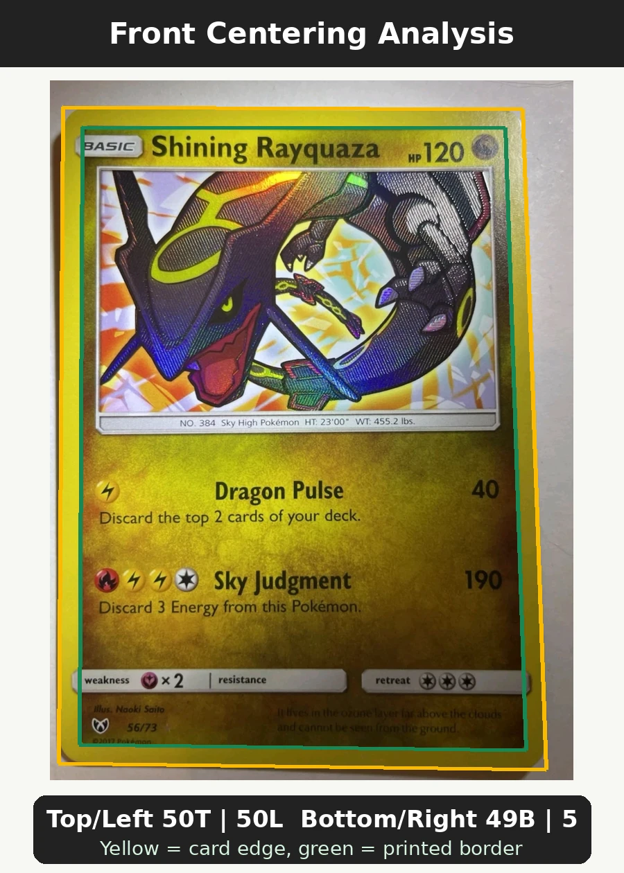 Shining Rayquaza 056/73 Shining Legends front centering analysis showing Top/Left 50T | 50L and Bottom/Right 49B | 51R.