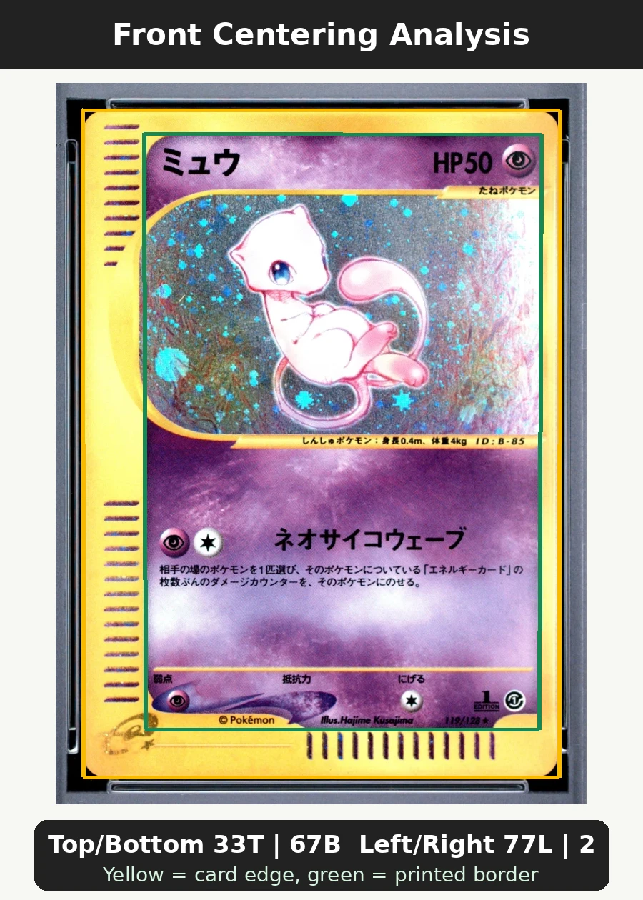Mew 119/128 Base Expansion Pack front centering analysis showing Top/Bottom 33T | 67B and Left/Right 77L | 23R.