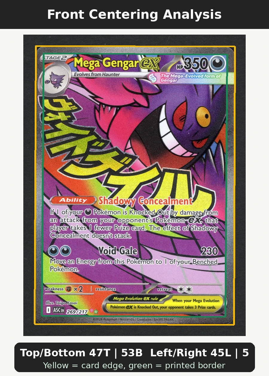 Mega Gengar ex 269/217 Ascended Heroes front centering analysis showing Top/Bottom 47T | 53B and Left/Right 45L | 55R.