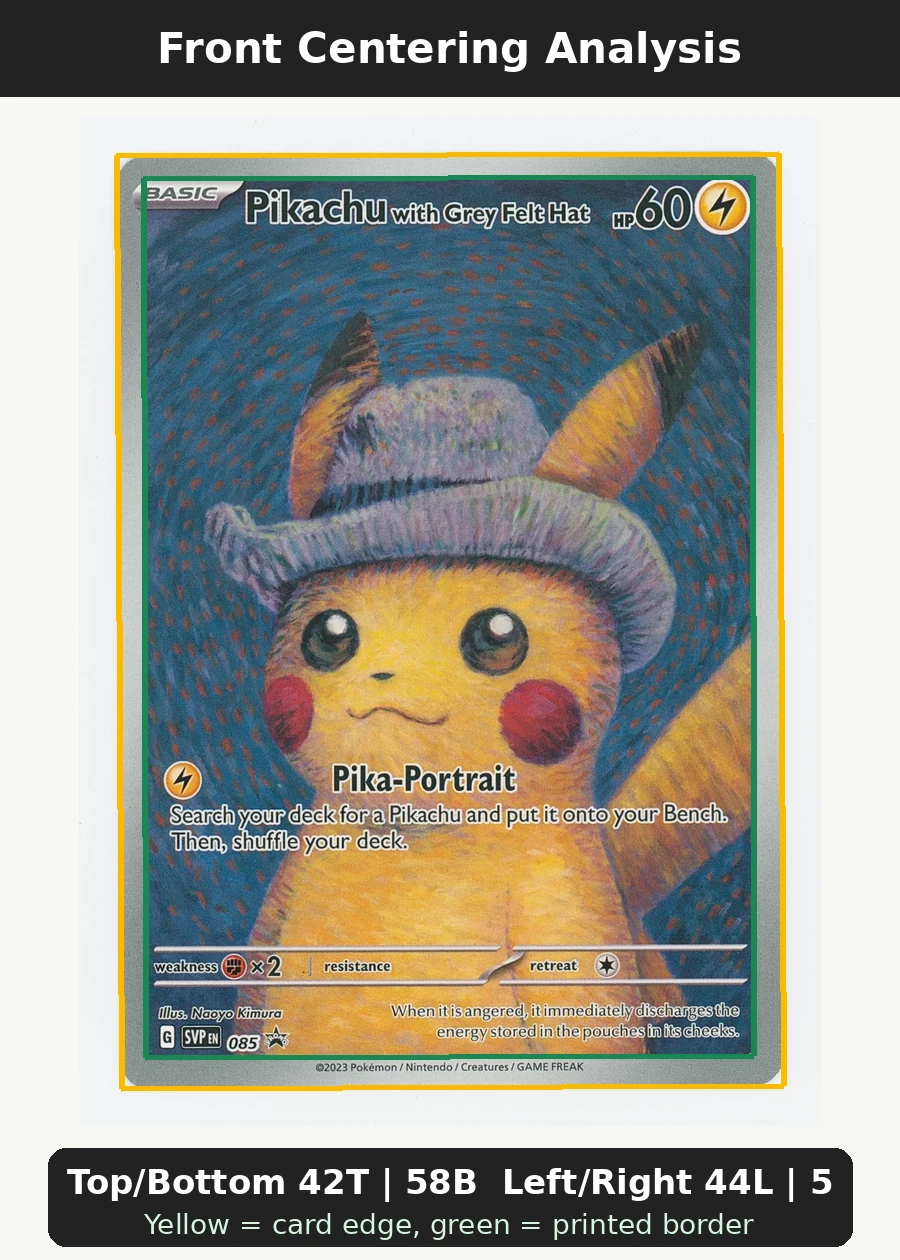 Pikachu with Grey Felt Hat 085/225 SVP Black Star Promos front centering analysis showing Top/Bottom 42T | 58B and Left/Right 44L | 56R.