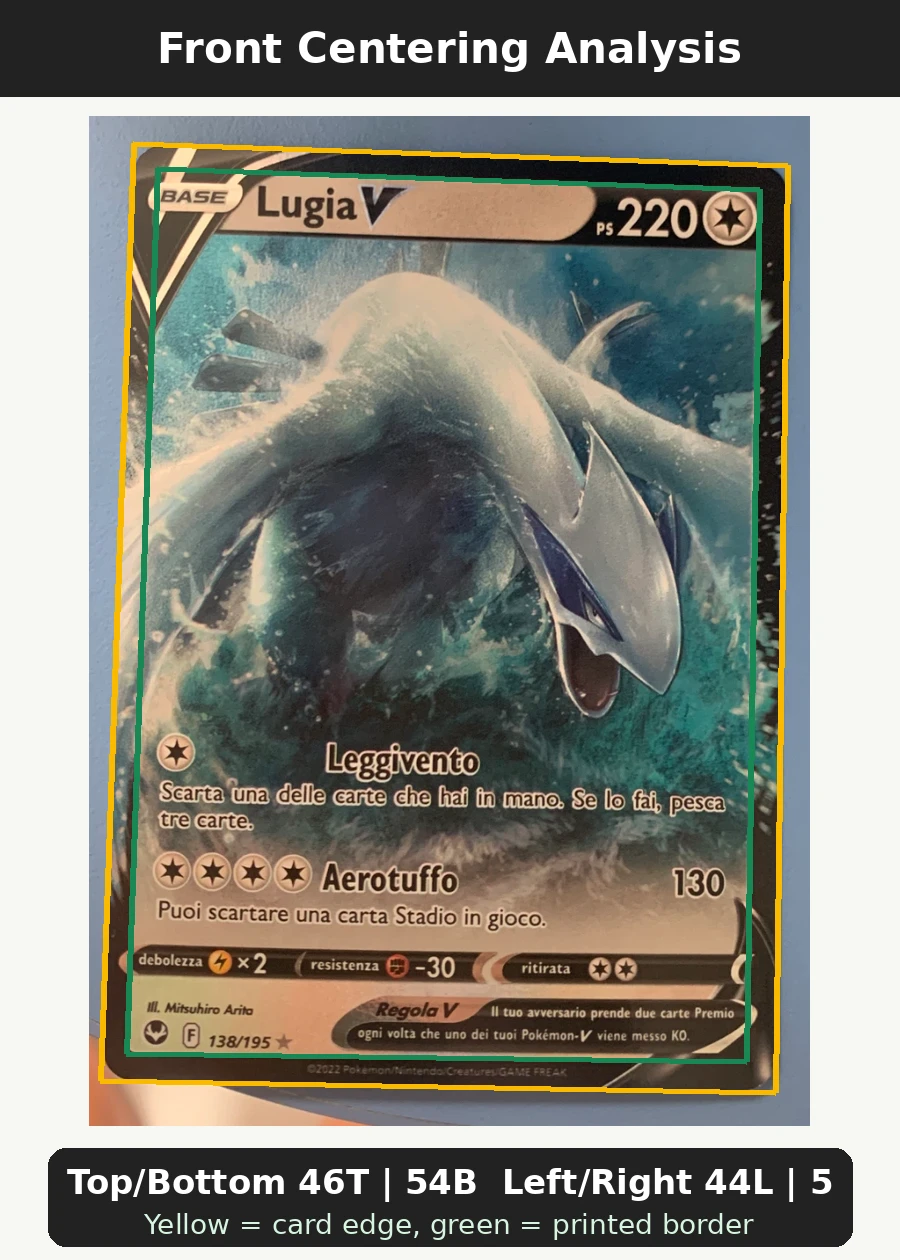 Lugia V 138/195 Silver Tempest front centering analysis showing Top/Bottom 46T | 54B and Left/Right 44L | 56R.