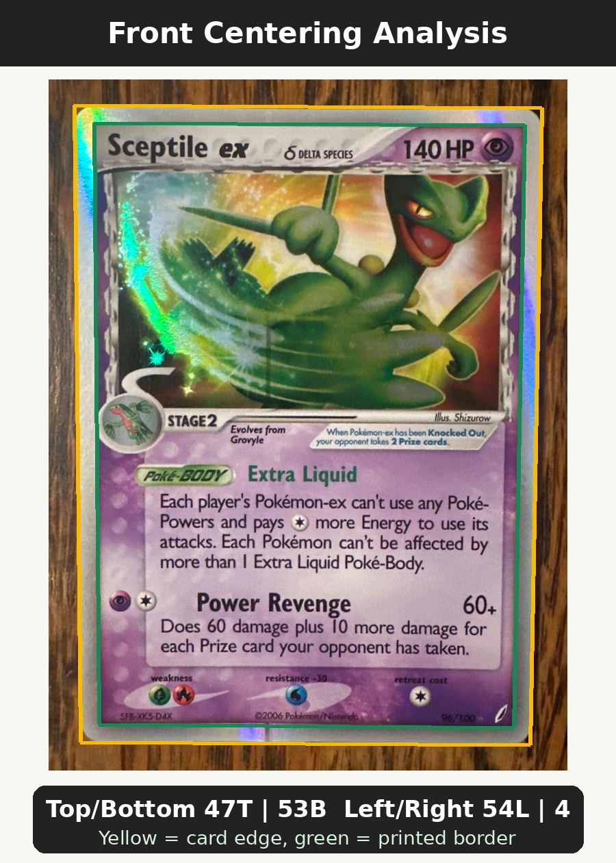 Sceptile ex δ 096/100 Crystal Guardians front centering analysis showing Top/Bottom 47T | 53B and Left/Right 54L | 46R.