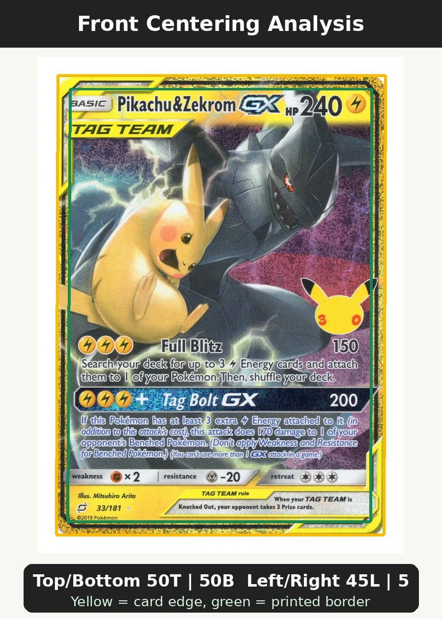 Pikachu & Zekrom GX 033 30th Classic Collection front centering analysis showing Top/Bottom 50T | 50B and Left/Right 45L | 55R.