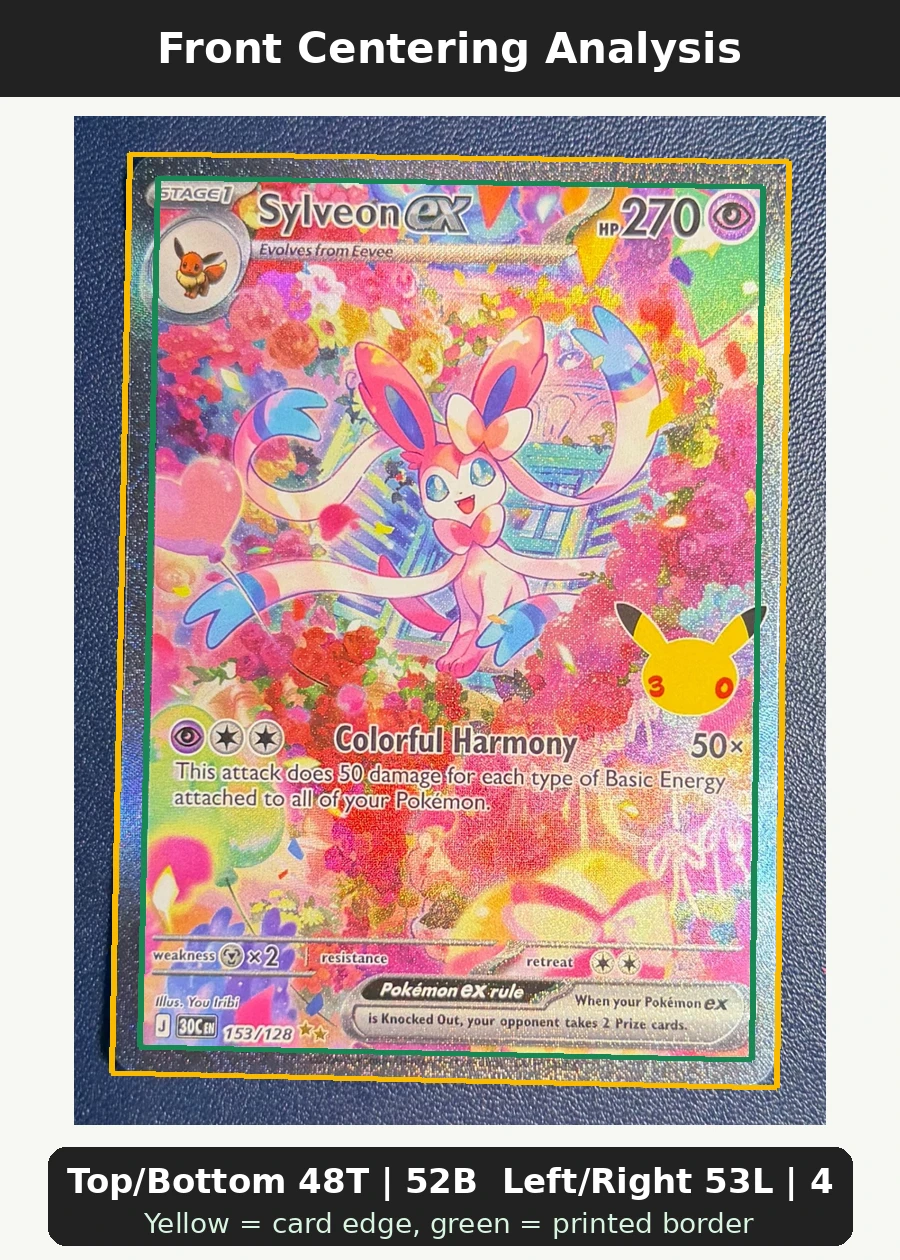 Sylveon ex 153/128 30th Celebration front centering analysis showing Top/Bottom 48T | 52B and Left/Right 53L | 47R.