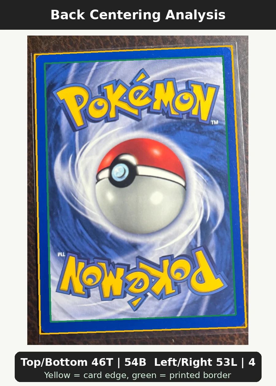 Pikachu 058/102 Base Set back centering analysis showing Top/Bottom 46T | 54B and Left/Right 53L | 47R.