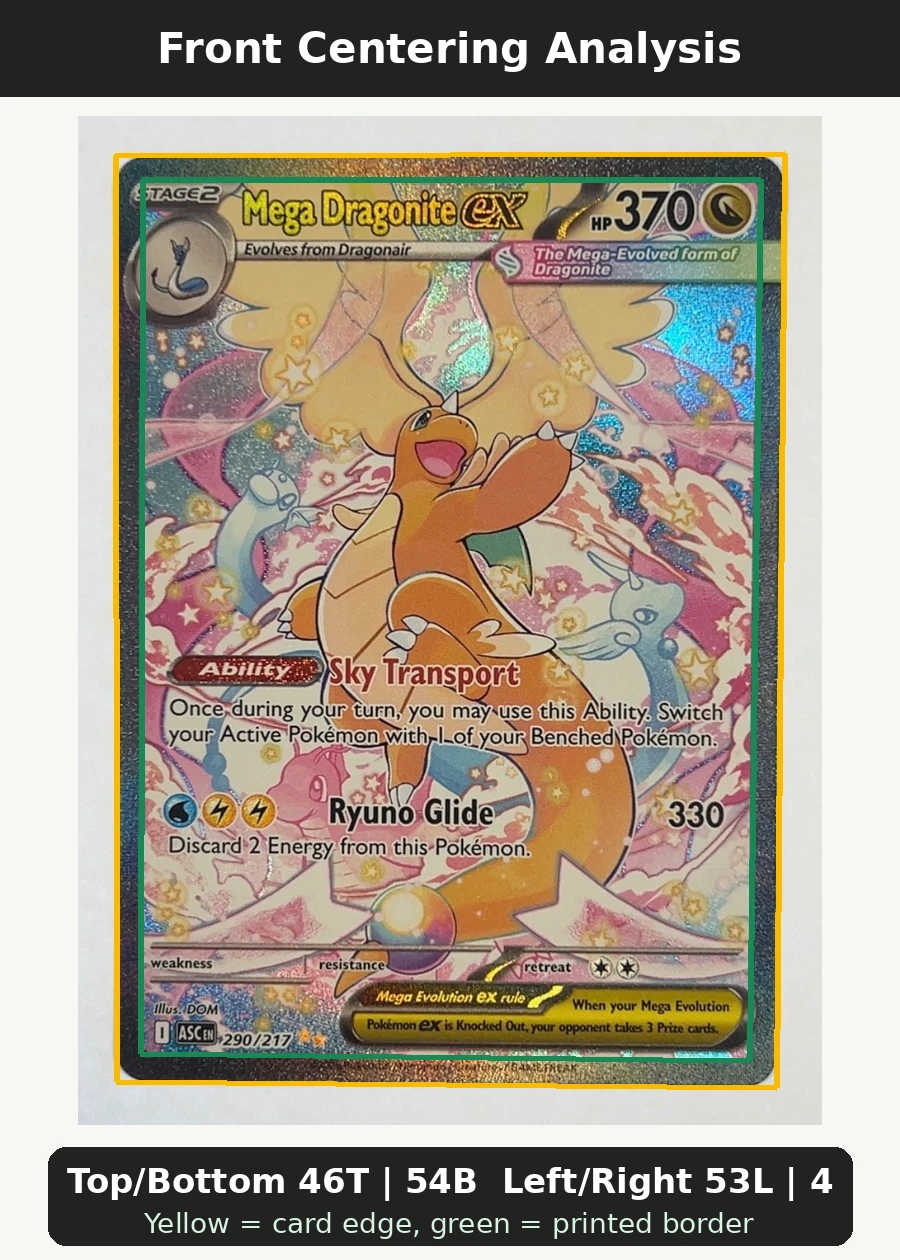 Mega Dragonite ex 290/217 Ascended Heroes front centering analysis showing Top/Bottom 46T | 54B and Left/Right 53L | 47R.