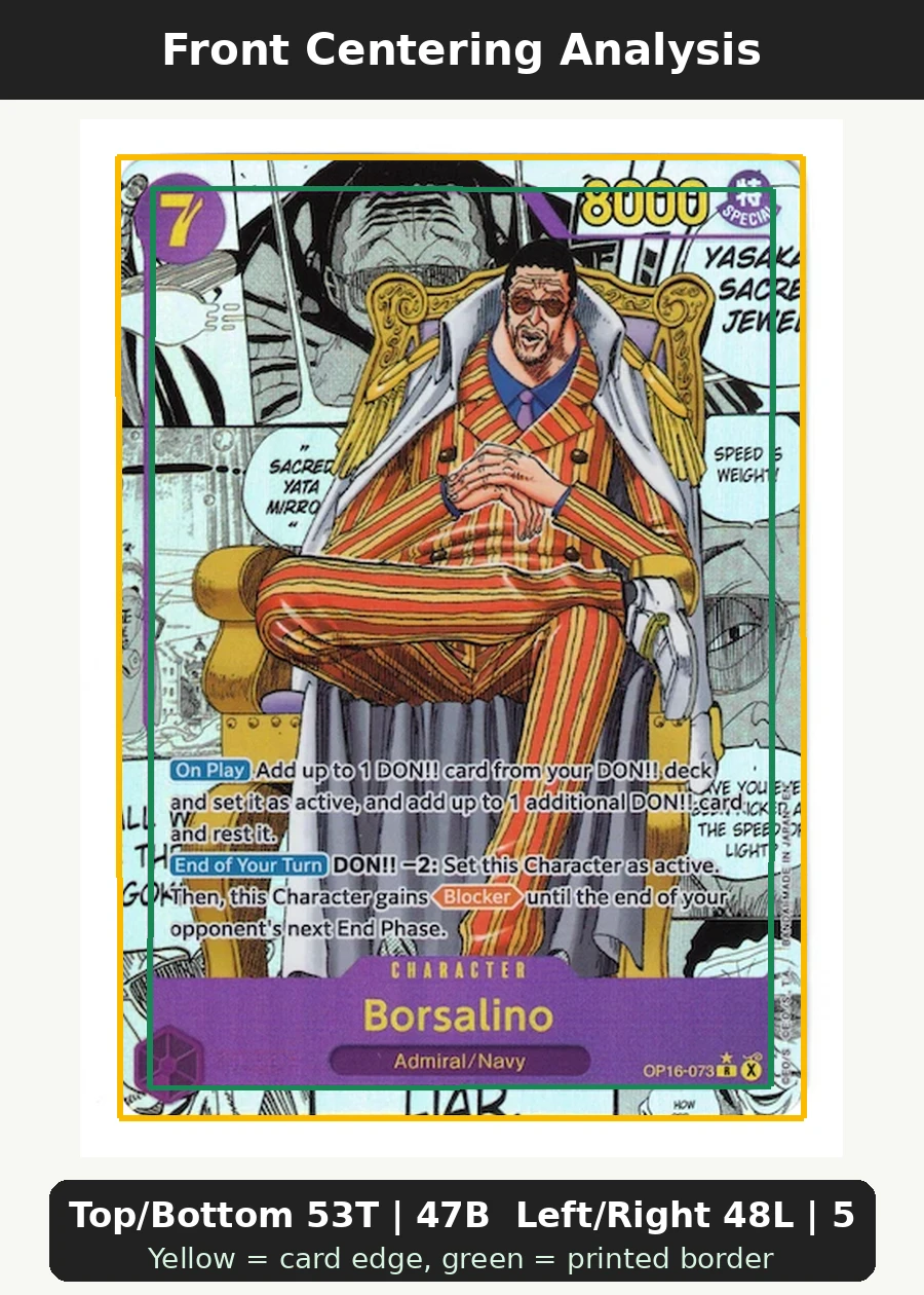 Borsalino OP16-073 The Time of Battle front centering analysis showing Top/Bottom 53T | 47B and Left/Right 48L | 52R.