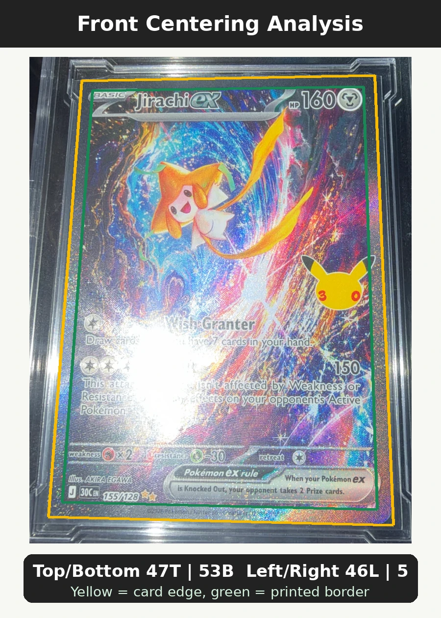 Jirachi ex 155/128 30th Celebration front centering analysis showing Top/Bottom 47T | 53B and Left/Right 46L | 54R.
