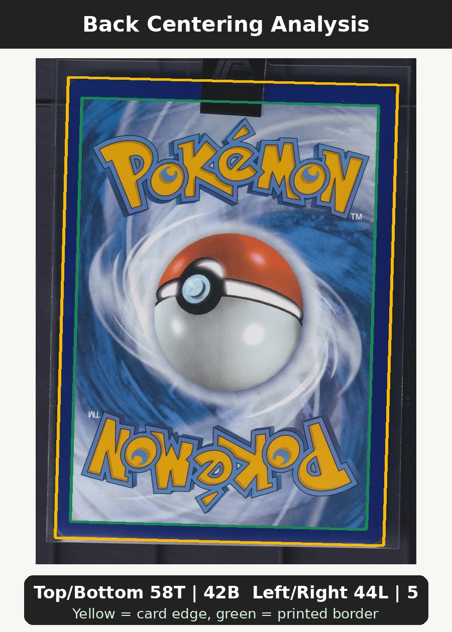 Giratina VSTAR GG69/159 Crown Zenith back centering analysis showing Top/Bottom 58T | 42B and Left/Right 44L | 56R.