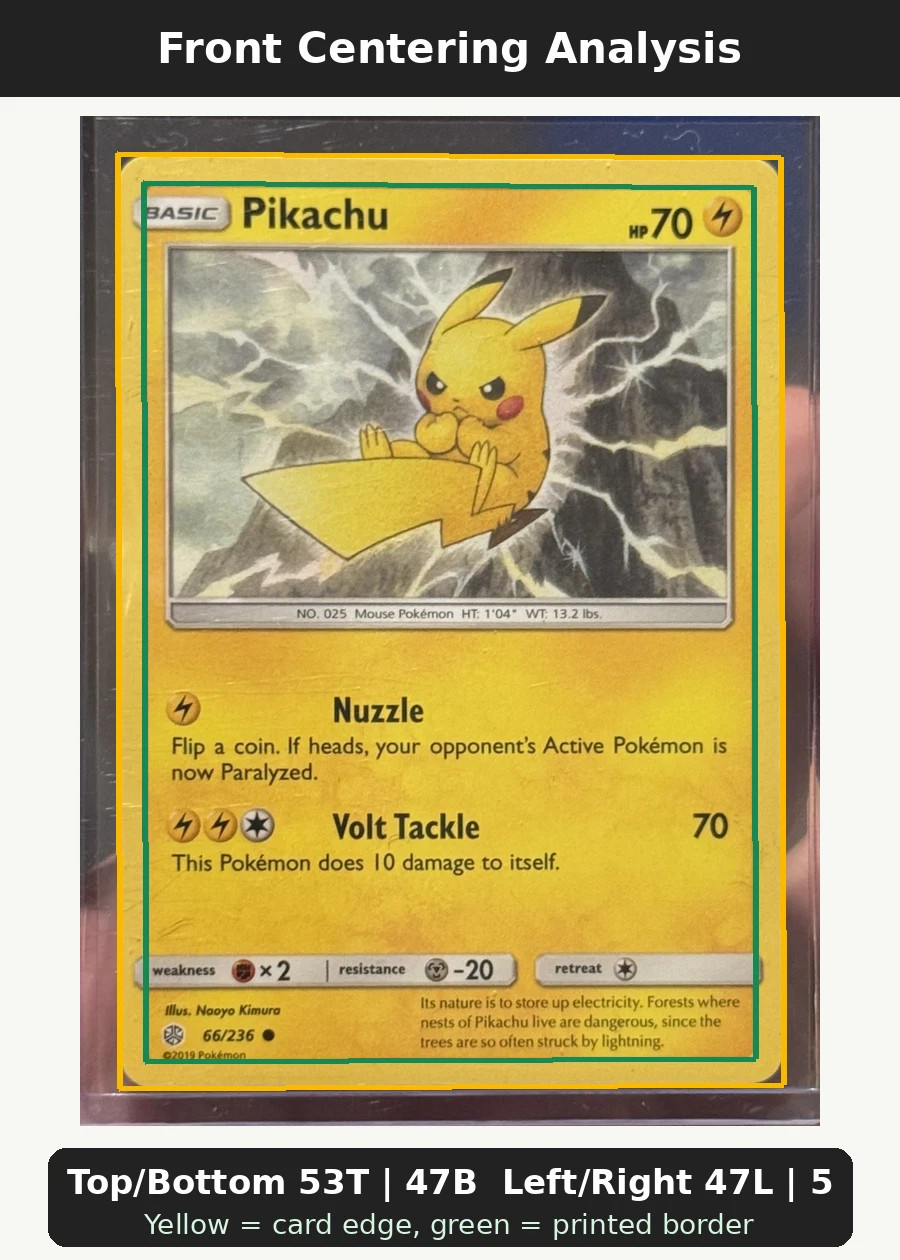 Pikachu 066/236 Cosmic Eclipse front centering analysis showing Top/Bottom 53T | 47B and Left/Right 47L | 53R.