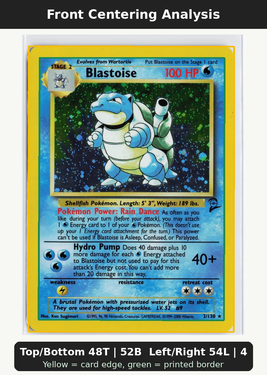Blastoise 002/130 Base Set 2 front centering analysis showing Top/Bottom 48T | 52B and Left/Right 54L | 46R.