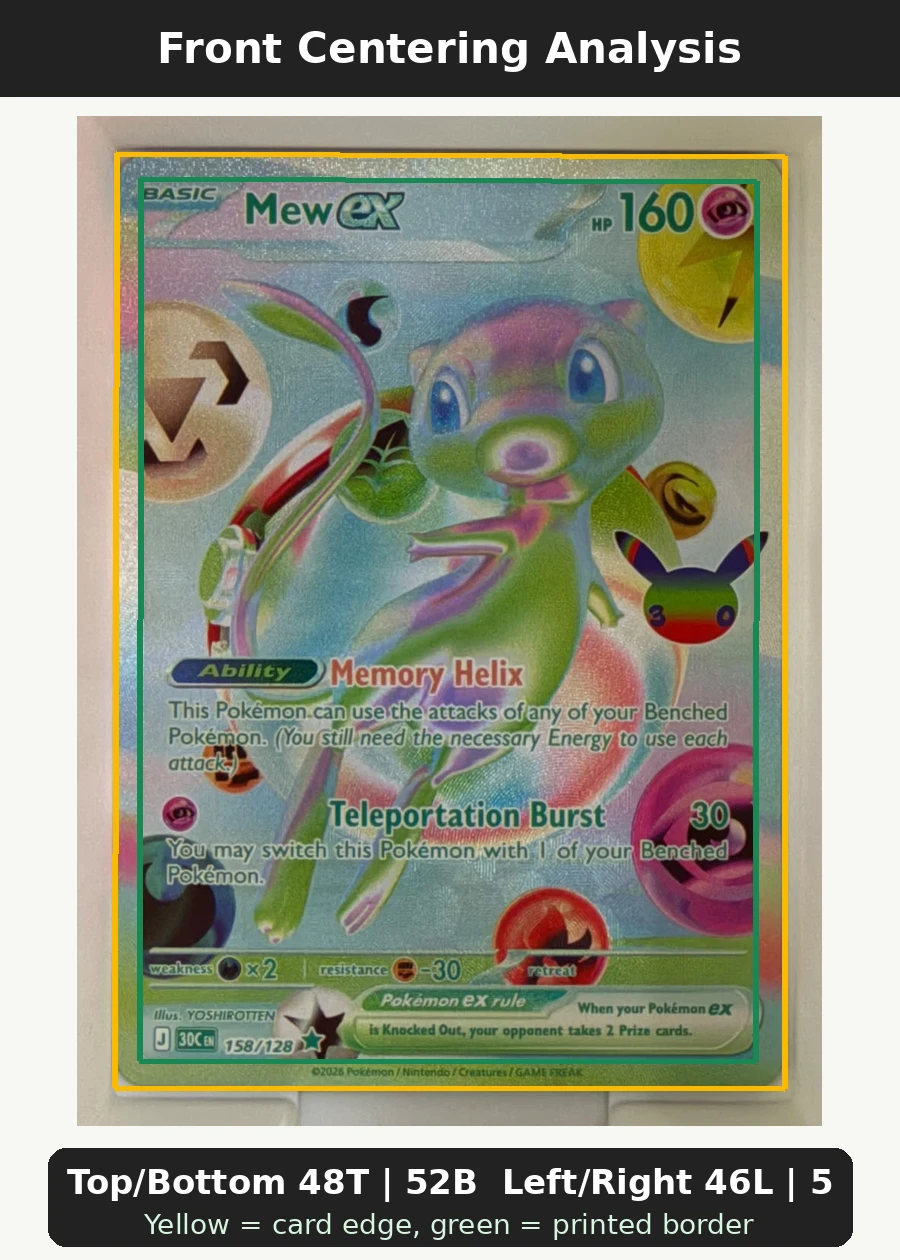 Mew ex 158/128 30th Celebration front centering analysis showing Top/Bottom 48T | 52B and Left/Right 46L | 54R.