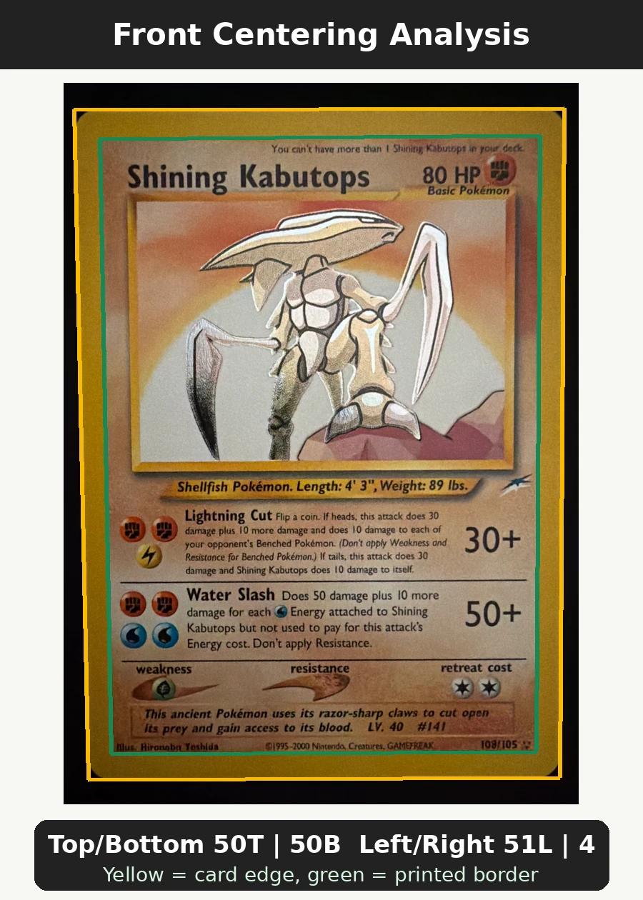 Shining Kabutops 108/105 (Normal) Neo Destiny front centering analysis showing Top/Bottom 50T | 50B and Left/Right 51L | 49R.