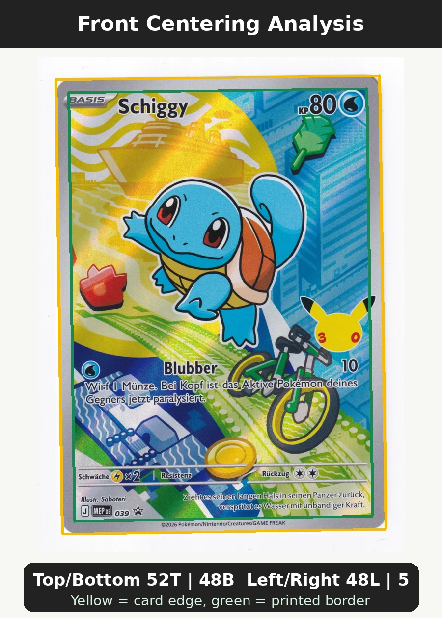 Squirtle 039 MEP Black Star Promos front centering analysis showing Top/Bottom 52T | 48B and Left/Right 48L | 52R.
