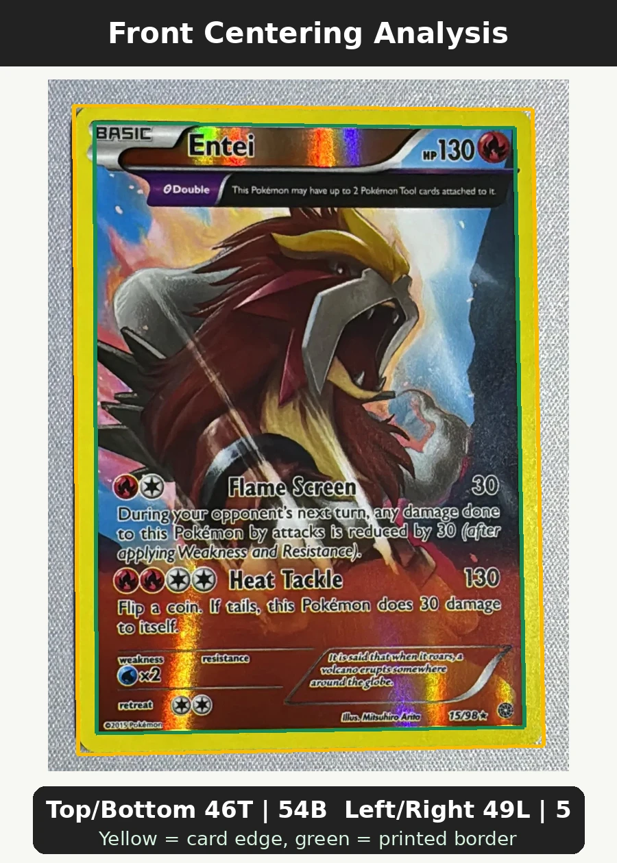 Entei 015/98 Ancient Origins front centering analysis showing Top/Bottom 46T | 54B and Left/Right 49L | 51R.