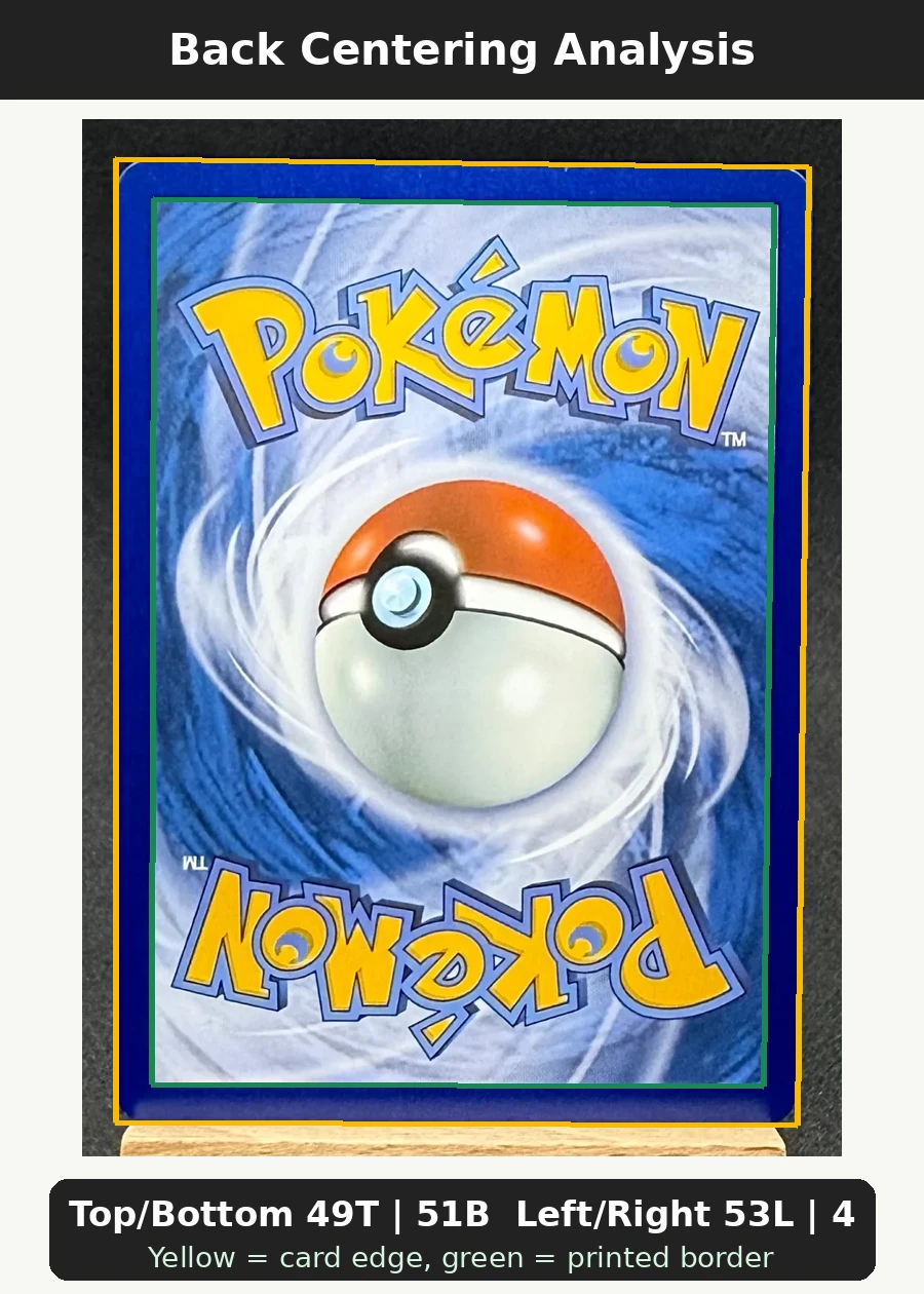 Mega Gardevoir ex 178/132 Mega Evolution back centering analysis showing Top/Bottom 49T | 51B and Left/Right 53L | 47R.