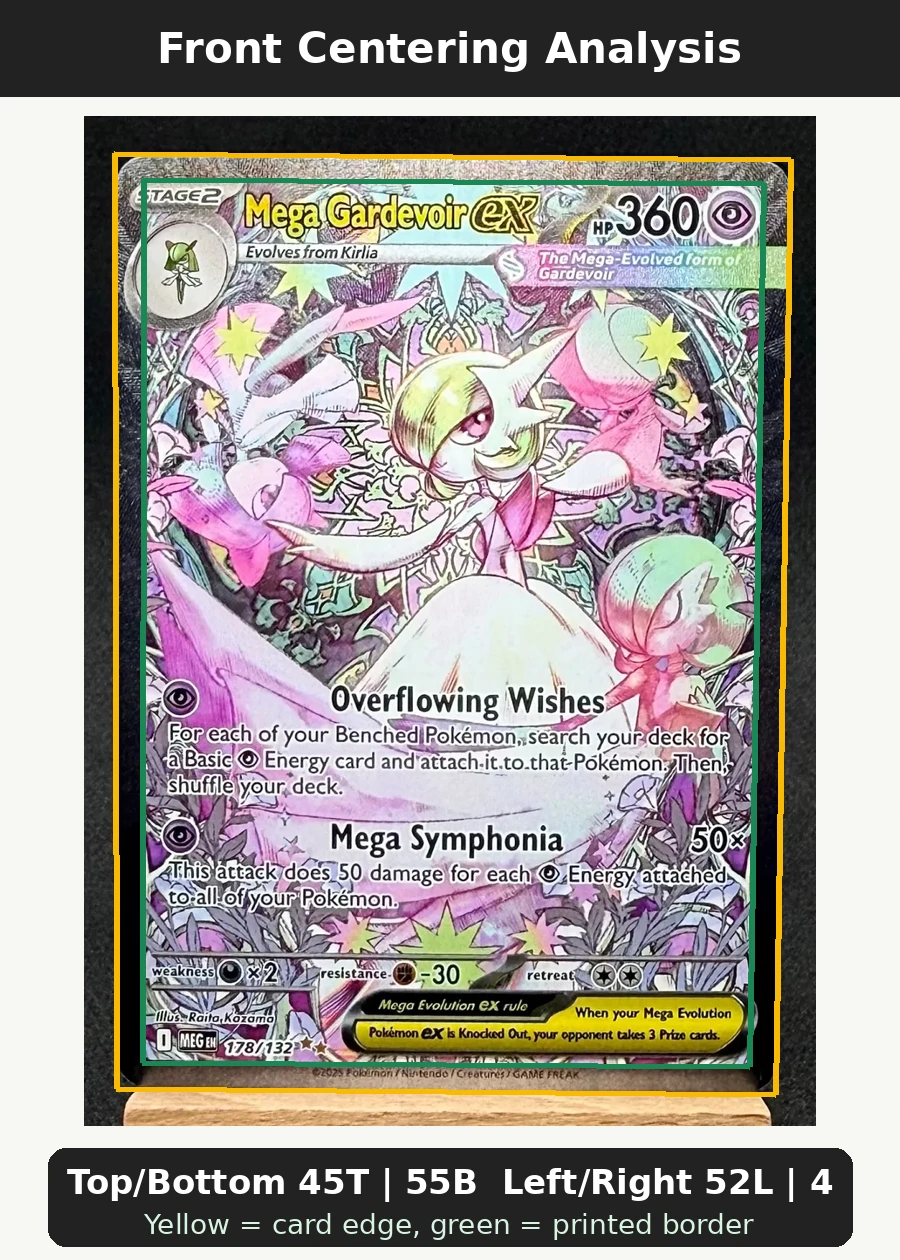 Mega Gardevoir ex 178/132 Mega Evolution front centering analysis showing Top/Bottom 45T | 55B and Left/Right 52L | 48R.